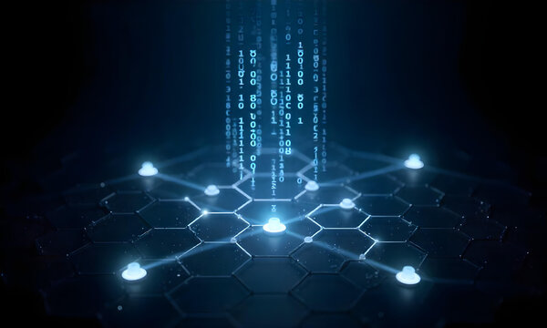 Digital Network with Binary Code Flowing into Hexagonal Grid technology data
