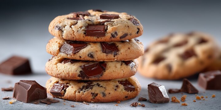 Stack of chocolate chip cookies with chunk pieces on gray background