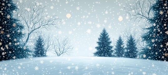 A serene winter wonderland with snow-covered trees and a glistening, magical Christmas scene.