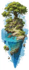 Floating island with lush vegetation and a quaint village