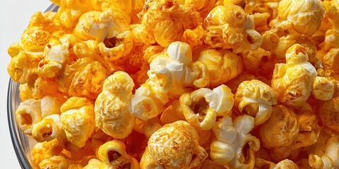 Close-up of golden cheddar popcorn in a bowl