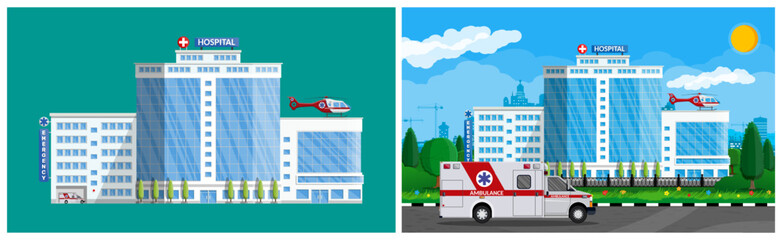 Modern clinic building with emergency ambulance and medical helicopter. Healthcare provider, urgent care. Flat style vector collection illustration.