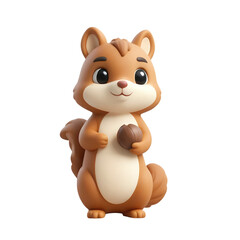A cartoon squirrel holding a nut with a friendly expression on a black background in a studio shot