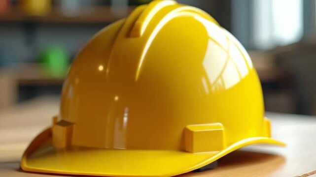 Yellow hard hat on table represents safety equipment at construction site. Protective hard hat offers defense against potential head injuries at job site.
