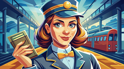Close-up portrait of female train conductor holding ticket punch. Isolated background conveys professionalism, precision, and railway charm.