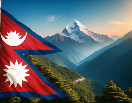 nepal landscape with nepal flag fading in the background