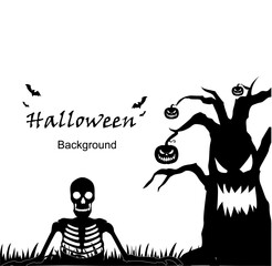 Modern Halloween silhouette vector illustration with skulls, bats, pumpkins, ghosts, and trees on a white background. Decorate your design for poster banners, greeting cards, and Halloween party invit