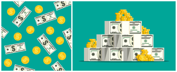 Obraz premium Money saving concept with dollar banknotes and coin icon. Treasure and wealth background. Cash economy and investment fund idea.