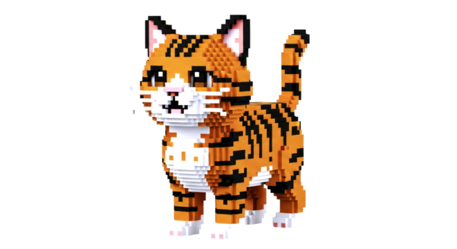 adorable pixel art kitten a playful 3d cuboid cat model, isolated on transparent background