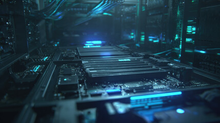 open server chassis exposing motherboard technician gloves absent focus on hardware cool blue lighting illustration concept scene visual for commercial design use high detail quality stock image