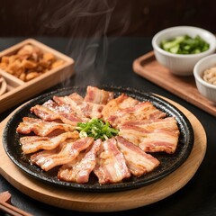 4k high quality Ai generative HD art photo realistic sell selling menu restaurant cafe Korean bbq barbecue grilled pan marinated thinly slice tree layered pork belly food samgyeopsal plate texture