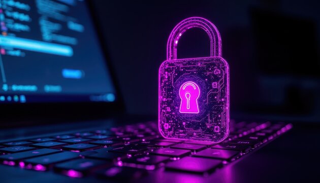 Enhanced digital security, a detailed view of padlock protecting laptop keyboard for secure online practices
