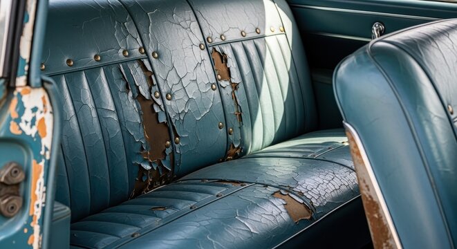 Fototapeta Vintage Car Interior: Detailed Close-up of Worn Leather Seats