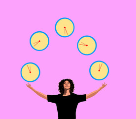 Person juggling clocks symbolizing time management and pressure
