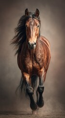 Fototapeta premium Majestic brown horse galloping powerfully across a dusty field under dramatic lighting conditions