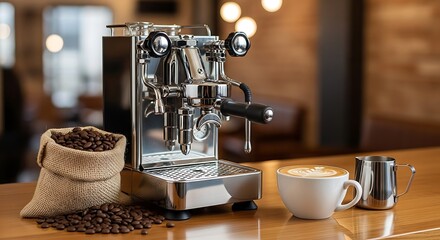 Artisanal espresso machine with beans and latte, a perfect coffee break