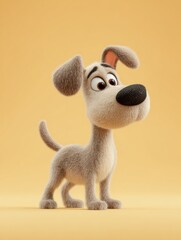 Cute animated dog character stands against a bright yellow background showcasing a friendly expression