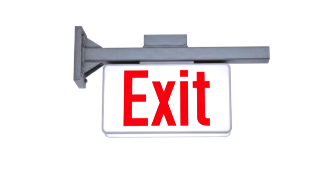 essential emergency exit sign illuminated red lettering, clear , 3d model, isolated on transparent background