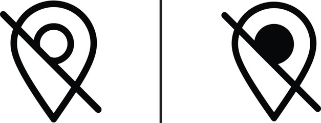 Location Unavailable Icon: A striking black and white graphic showcasing two crossed-out location icons, signifying a place that is inaccessible. conveying the idea of restriction. 