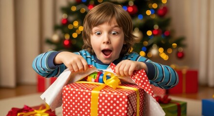 Excited child unwrapping a christmas present with a surprised expression
