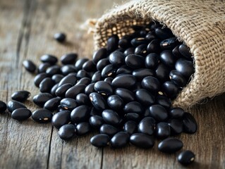 Close-up of glossy black beans spilling from a burlap sack onto a rustic wooden table
