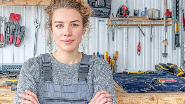 Professional carpenter woman organizing woodworking tools workshop image of skillful craftsmanship indoor close-up perspective - Powered by Adobe