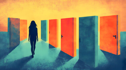 A woman walking through a house, but every door leads back to the same room, trapped in a cycle of despair