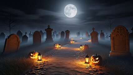 Full Moon over Tombstones and Lanterns