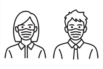 Vector Line Illustration of People Wearing Face Masks for Health Safety