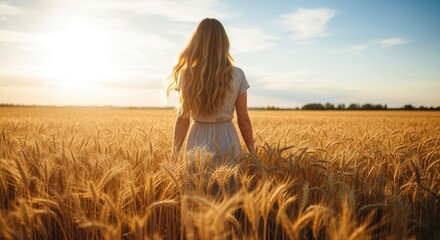 Fototapeta premium Woman in Wheat Field at Sunset, Freedom and Nature Concept