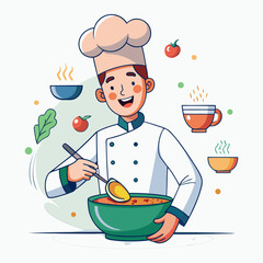 Creative vector illustration of male chef mixing ingredients in a floating bowl, modern culinary art, professional kitchen concept design
