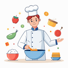 Creative vector illustration of male chef mixing ingredients in a floating bowl, modern culinary art, professional kitchen concept design