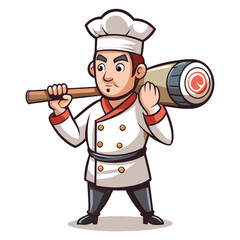 Creative vector illustration of male chef holding sushi roll like telescope, fun Japanese cuisine concept design for stock and branding