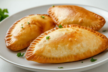 Delicious golden empanadas, flaky pastries on a plate make a savory and traditional snack.