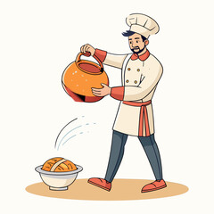 Creative vector illustration of male chef pouring hot soup from teapot into bread bowl, perfect for culinary branding and design