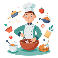 Creative vector illustration of male chef mixing ingredients in a floating bowl, modern culinary art, professional kitchen concept design