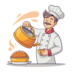 Creative vector illustration of male chef pouring hot soup from teapot into bread bowl, perfect for culinary branding and design