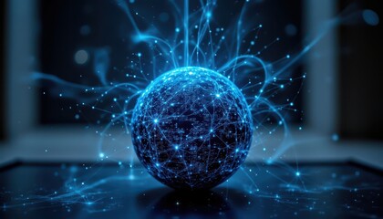Glowing blue network sphere, a futuristic visualization of global connectivity and data flow