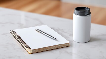 Notebook and pen next to a white can on a marble table  