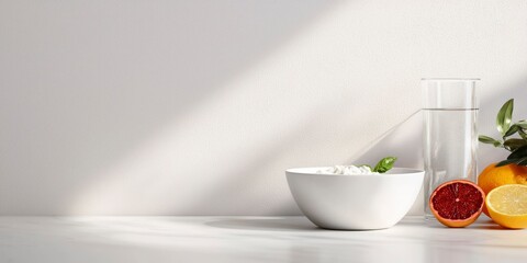 Fresh citrus fruits and yogurt bowl on a bright kitchen counter