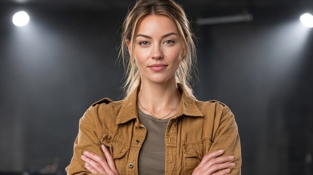 Professional carpenter woman showcasing craftsmanship in woodwork studio confidently standing amidst tools and materials