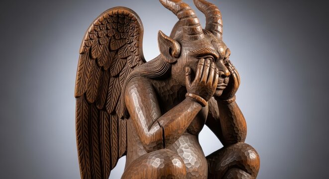 Wooden Carving of a Demon with Horns and Wings - Powered by Adobe