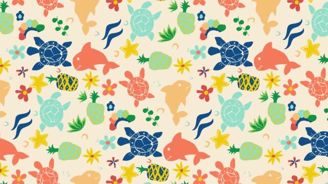 A seamless summer video with dolphins, palm trees, turtles, and pineapples scattered chaotically on a light background
