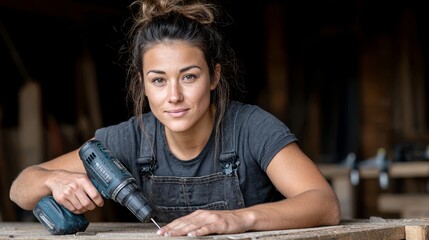 Professional female carpenter showcasing skilled craftsmanship with power drill in wood workshop environment