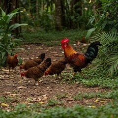 Fototapeta premium Red Junglefowl (Gallus gallus), the wild ancestor of domestic chicken, vibrant plumage, tropical forest bird, exotic wildlife, natural beauty, Southeast Asia species.