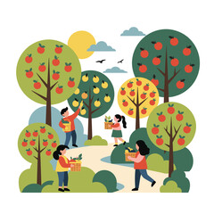 Happy people harvesting ripe apples from fruit trees on a sunny autumn day