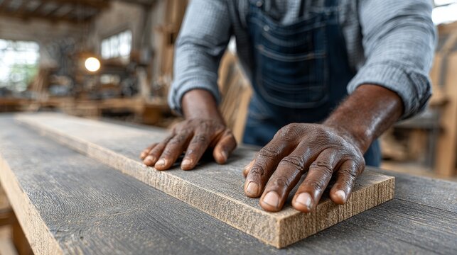 Professional female carpenter skillfully measuring wood plank in workshop showcasing masterful craftsmanship