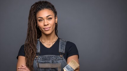 Professional female carpenter showcasing skill with wood craftsmanship studio environment varnishing techniques