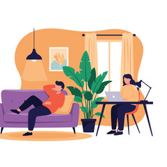 Couple working and relaxing in a home office setting with a couch and plants