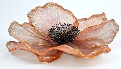 Obraz premium Beautiful apricot flower with gold sparkle, delicate petals, and dark center for floral designs.